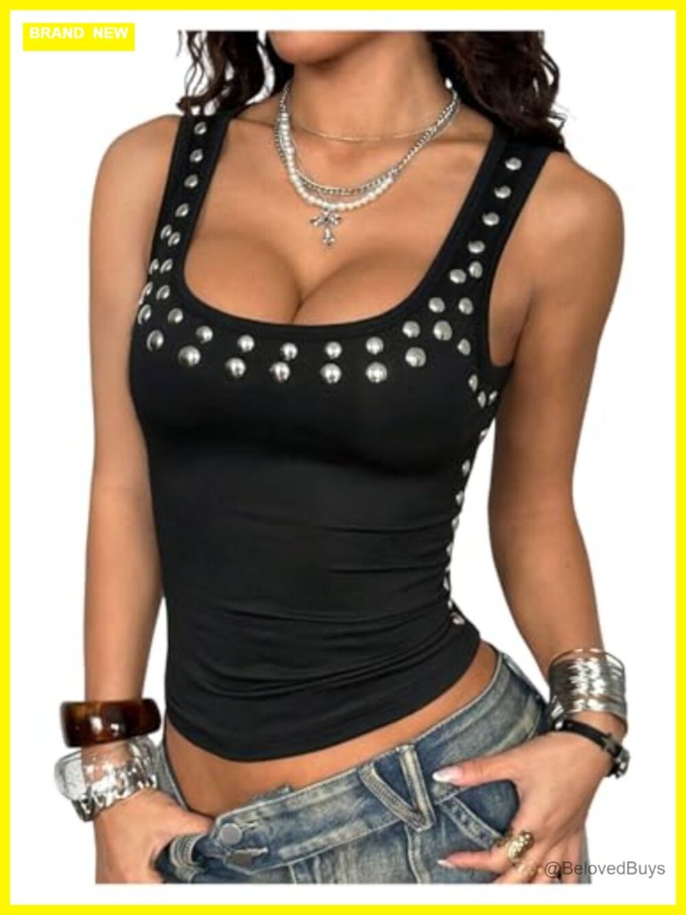 Women's Y2k Punk Studded Square Neck Sleeveless Fitted Tank Top Going Out